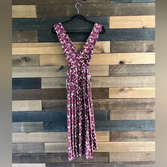 Vintage 80s Purple Floral Pinafore Dress 100% Rayon Apron Style Overall Dress - Picture 3 of 11